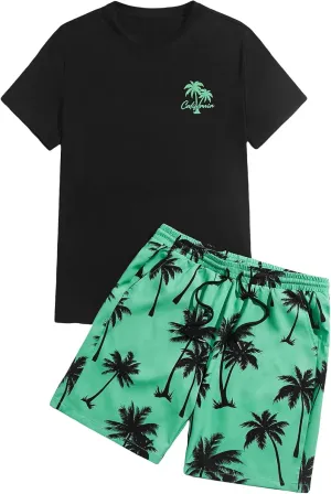 GORGLITTER Men's 2 Piece Short Sleeve Graphic Tee Hawaiian Printed Drawstring Shorts Set