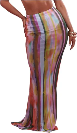 GORGLITTER Women's Cheetah Print Boho Maxi Skirt Y2k Mesh Bodycon Long Skirts