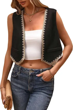 GORGLITTER Women's Embroidered Vest Western Sleeveless Lace Open Front Vintage Cropped Cowgirl Vest