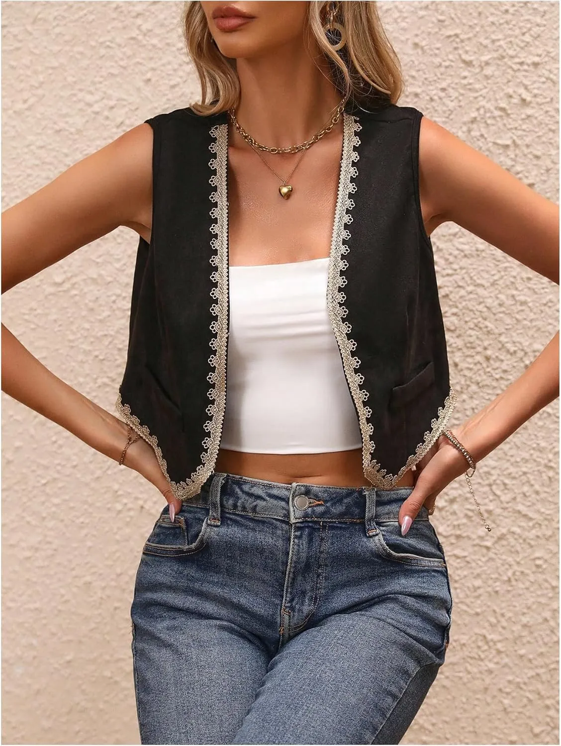 GORGLITTER Women's Embroidered Vest Western Sleeveless Lace Open Front Vintage Cropped Cowgirl Vest
