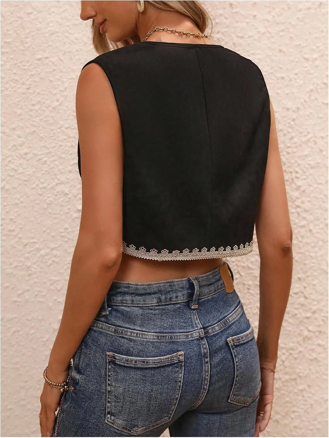 GORGLITTER Women's Embroidered Vest Western Sleeveless Lace Open Front Vintage Cropped Cowgirl Vest