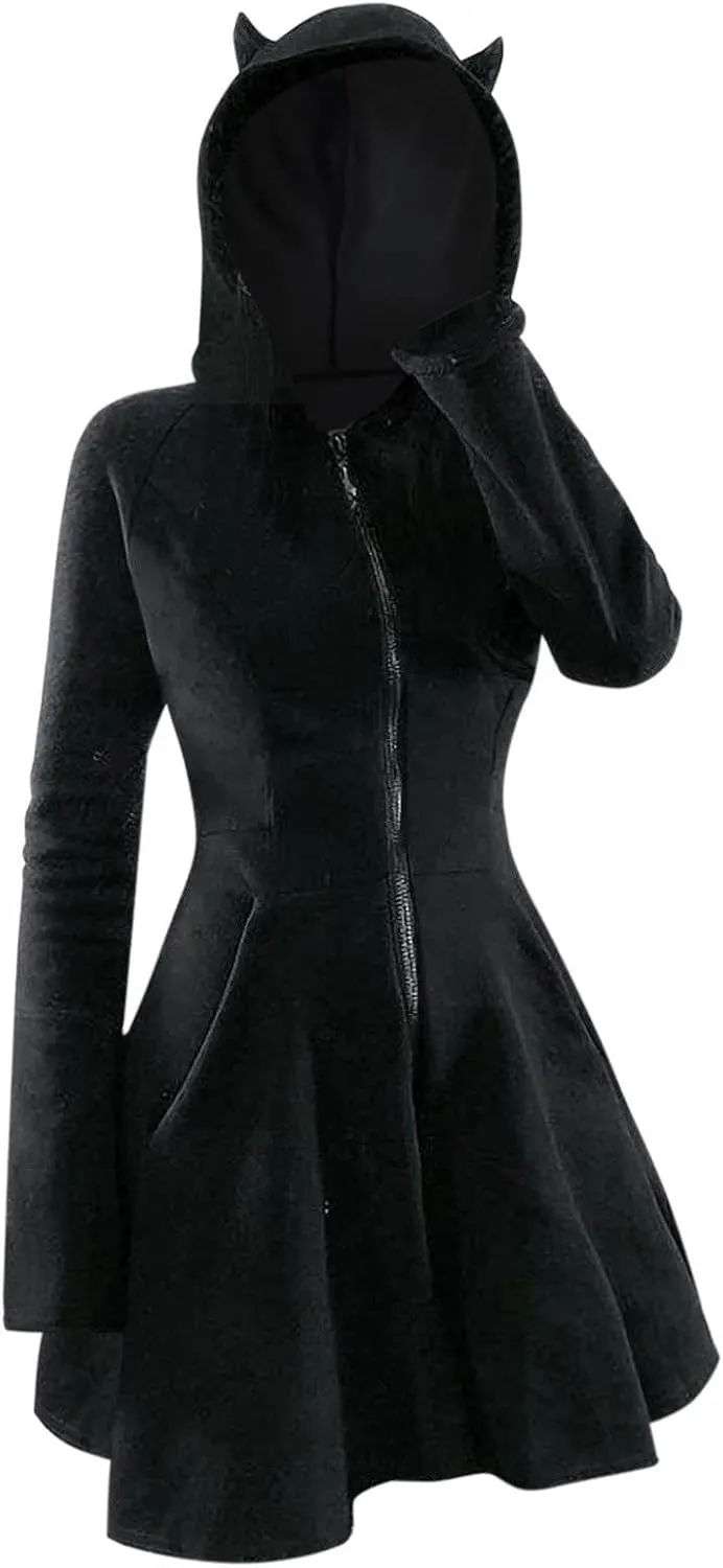 Goth Hoodies for Women Devil Wing Hoodie Long Sleeve Red Horn Sweatshirt Cute Pullover Tops Gothic Sweater