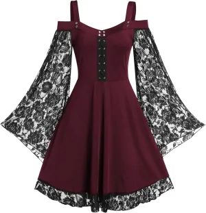 Gothic Lace Dress for Women Off-Shoulder Vintage Dresses Bell Sleeve Steampunk Medieval Costume Cosplay Halloween Dresses
