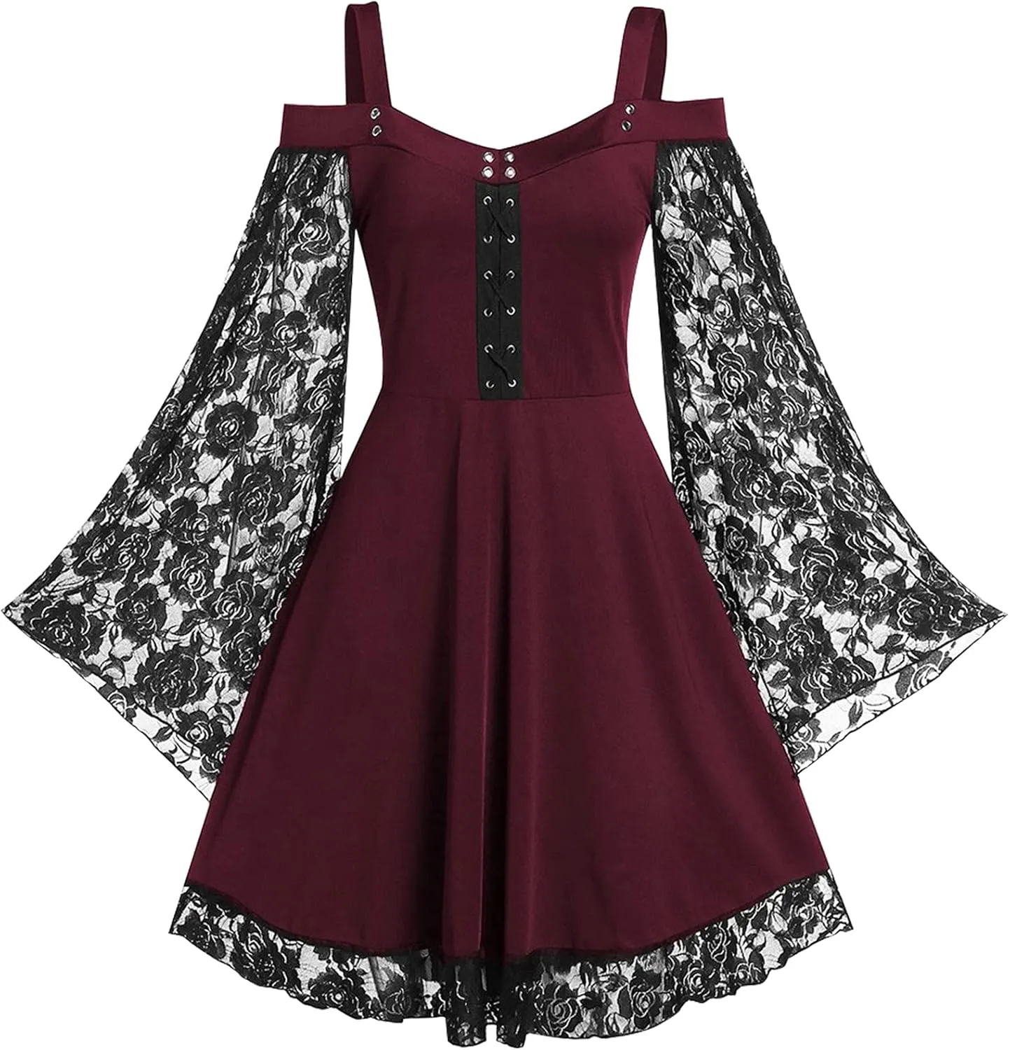 Gothic Lace Dress for Women Off-Shoulder Vintage Dresses Bell Sleeve Steampunk Medieval Costume Cosplay Halloween Dresses