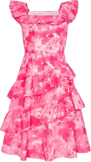 GRACE KARIN Girls Summer Dress A-line Square Neck Floral Ruffle Dress for Girls Size 5-14 Years
