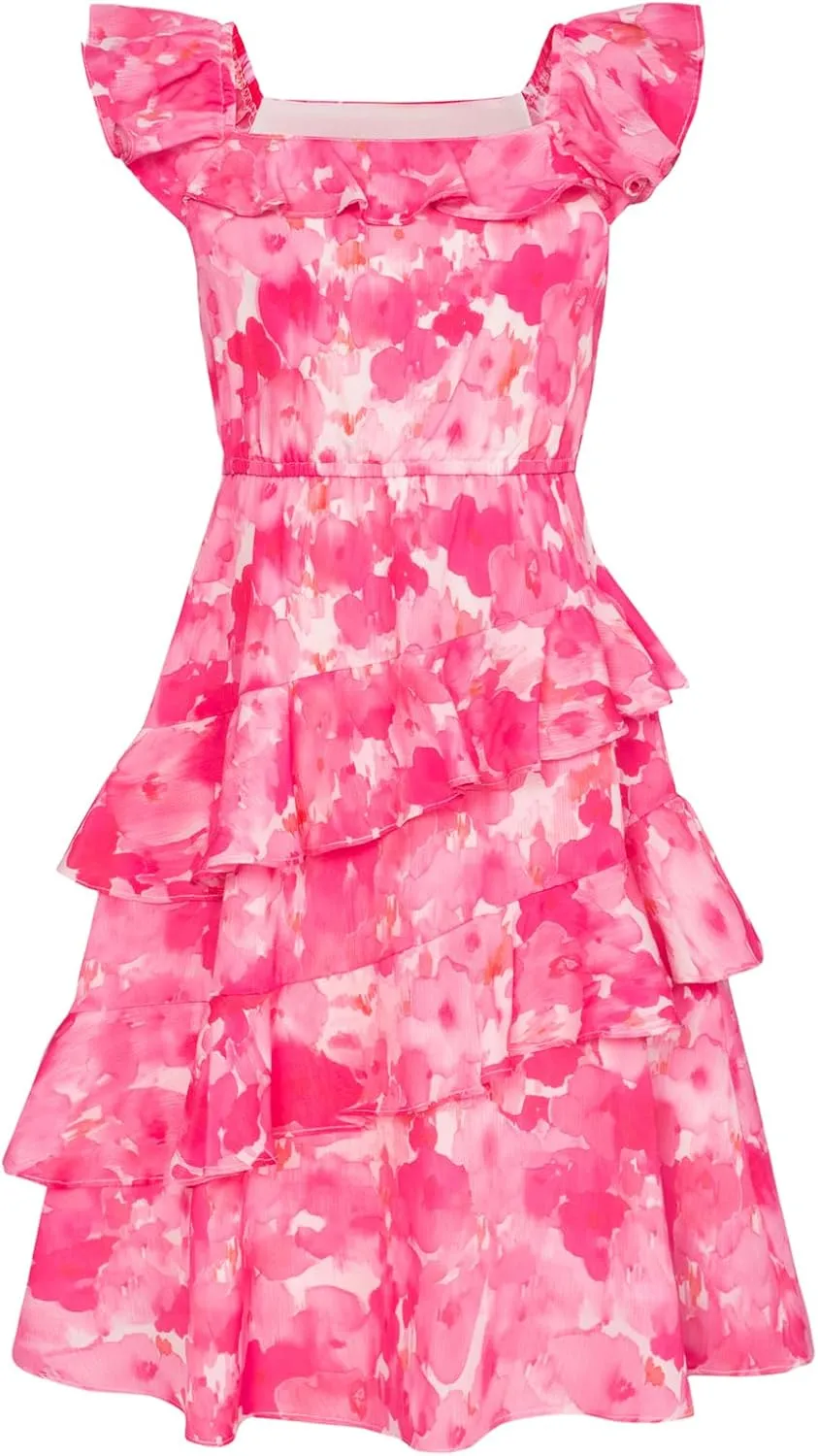 GRACE KARIN Girls Summer Dress A-line Square Neck Floral Ruffle Dress for Girls Size 5-14 Years