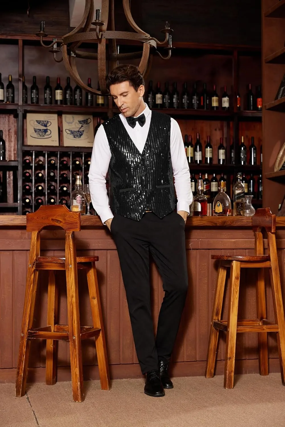 GRACE KARIN Mens Sequin Vest Slim Fit Shiny Dress Waistcoat Bowtie Set for Wedding Prom Party