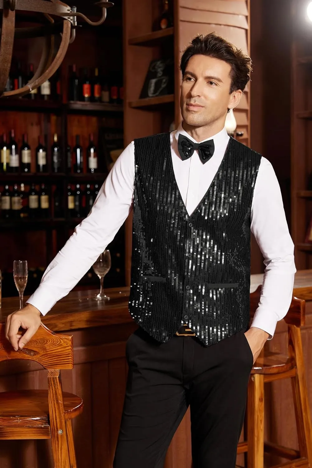 GRACE KARIN Mens Sequin Vest Slim Fit Shiny Dress Waistcoat Bowtie Set for Wedding Prom Party