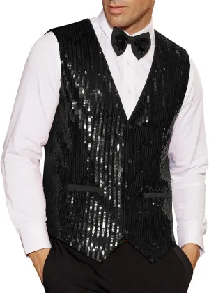 GRACE KARIN Mens Sequin Vest Slim Fit Shiny Dress Waistcoat Bowtie Set for Wedding Prom Party