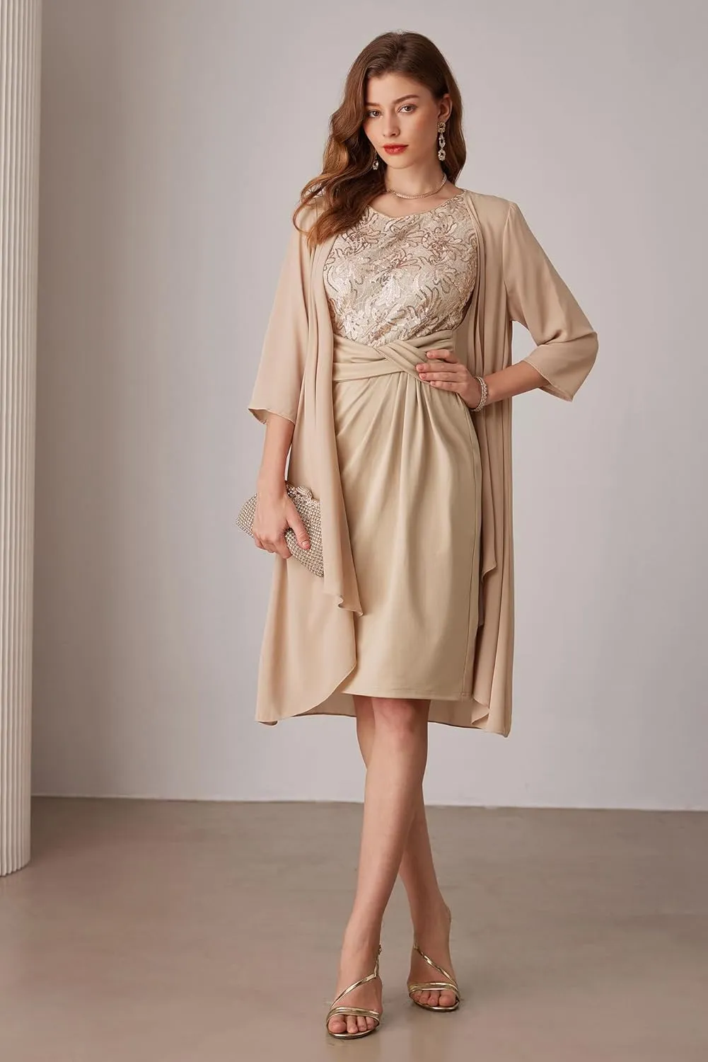 GRACE KARIN Women's Sequin Dress Two Piece Mother of The Bride Dresses with Jacket Lace Formal Wedding Guest Dress
