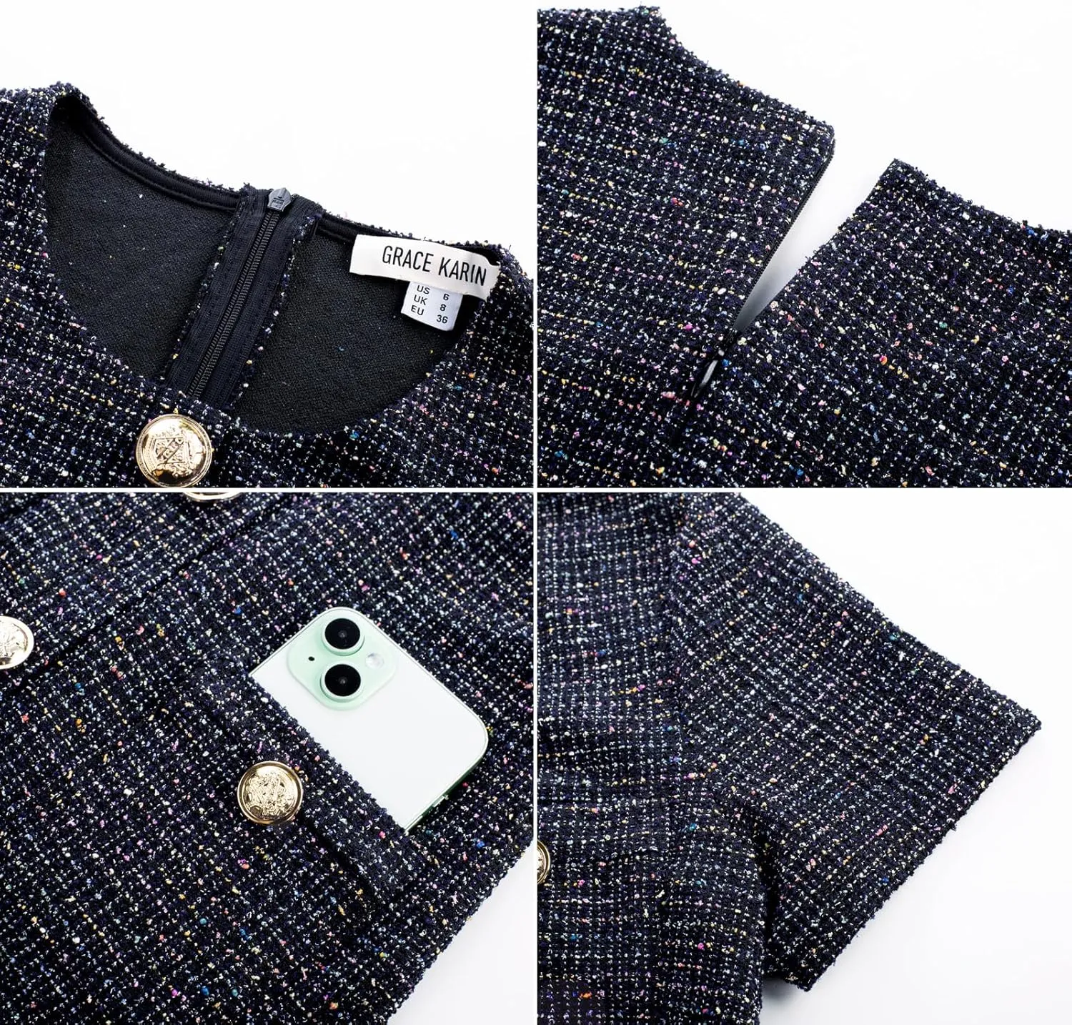 GRACE KARIN Womens Tweed Dress 2025 Summer Short Sleeve Button Bodycon Elegant Work Mini Dress Casual Dresses with Pocket