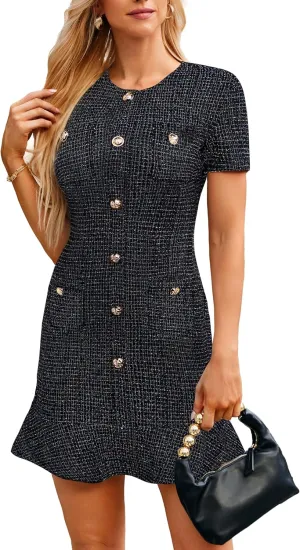 GRACE KARIN Womens Tweed Dress 2025 Summer Short Sleeve Button Bodycon Elegant Work Mini Dress Casual Dresses with Pocket