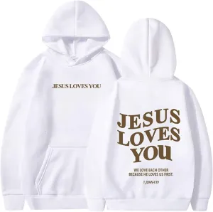 Graphic Hoodie Streetwear Jesus Loves You Bible Verse Letter Printed Fall Outfit with Kangaroo Pocket Drawstring Leisure Fall