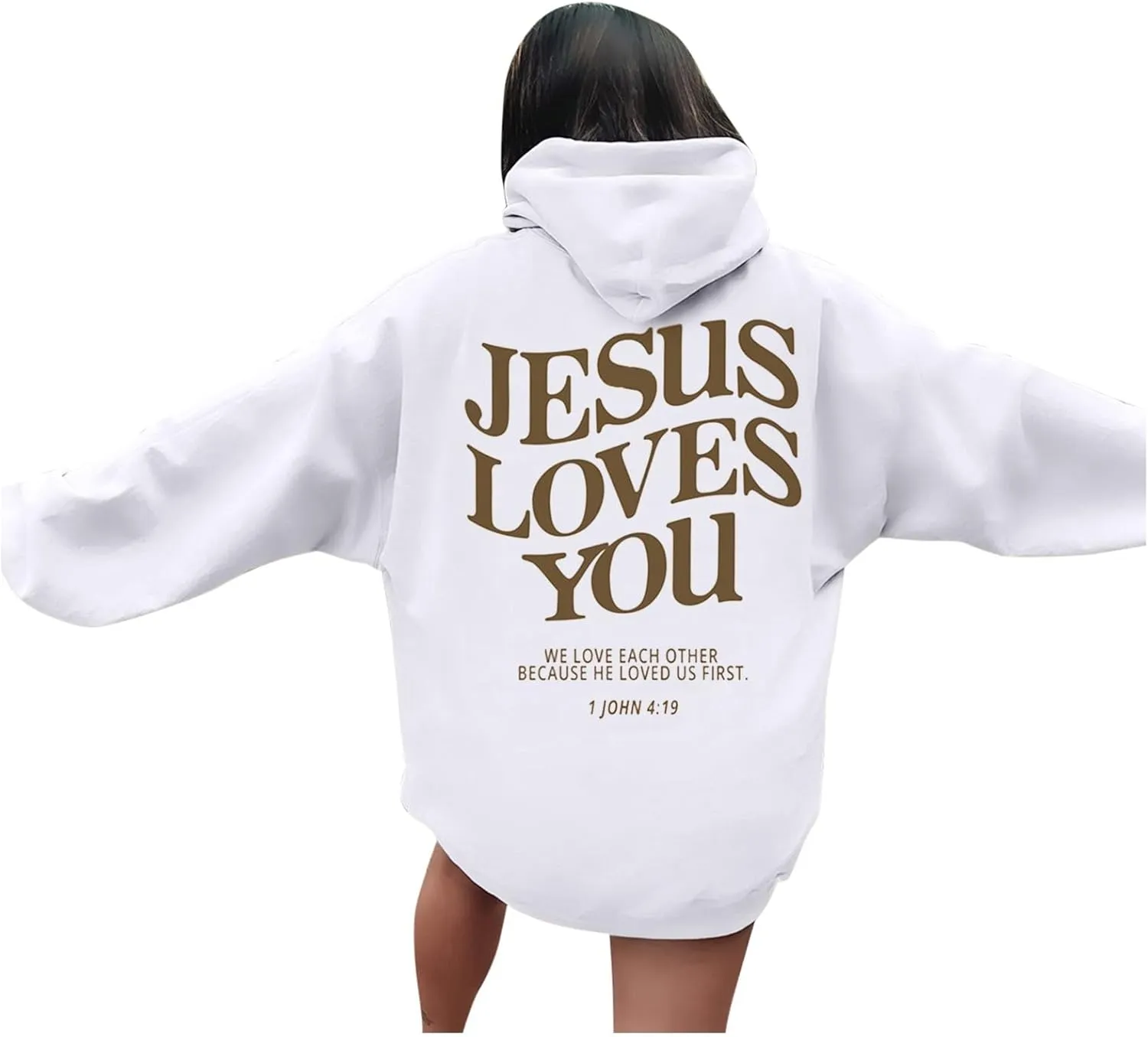 Graphic Hoodie Streetwear Jesus Loves You Bible Verse Letter Printed Fall Outfit with Kangaroo Pocket Drawstring Leisure Fall
