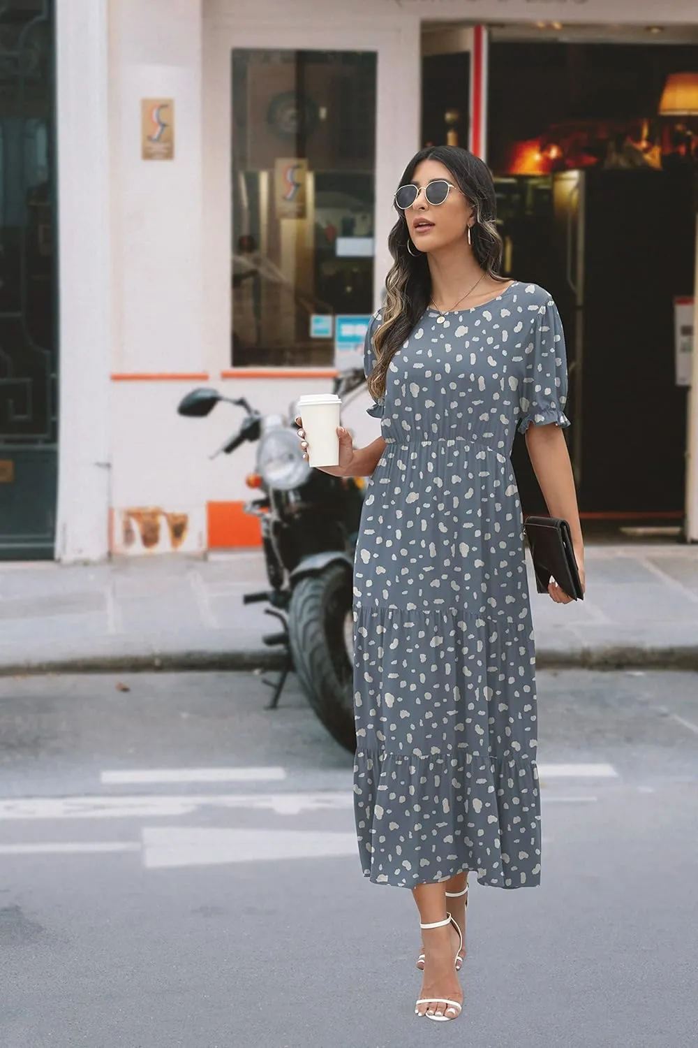 GRECERELLE Women's 2025 Spring Summer Casual Loose Round Neck Boho Dress Ruffle Puff Sleeve High Waist Midi Dress