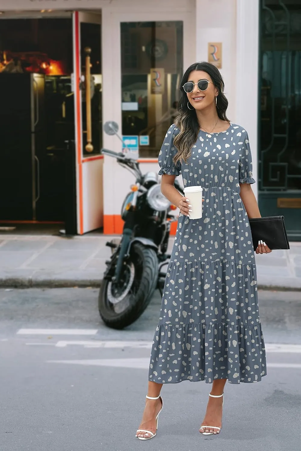 GRECERELLE Women's 2025 Spring Summer Casual Loose Round Neck Boho Dress Ruffle Puff Sleeve High Waist Midi Dress
