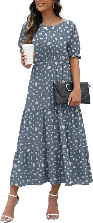 GRECERELLE Women's 2025 Spring Summer Casual Loose Round Neck Boho Dress Ruffle Puff Sleeve High Waist Midi Dress
