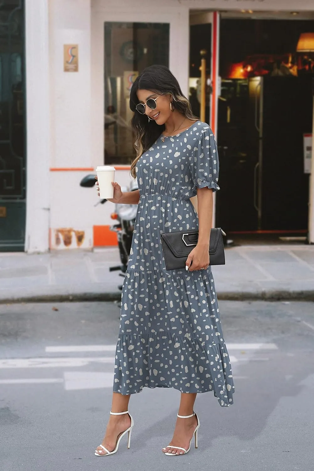 GRECERELLE Women's 2025 Spring Summer Casual Loose Round Neck Boho Dress Ruffle Puff Sleeve High Waist Midi Dress