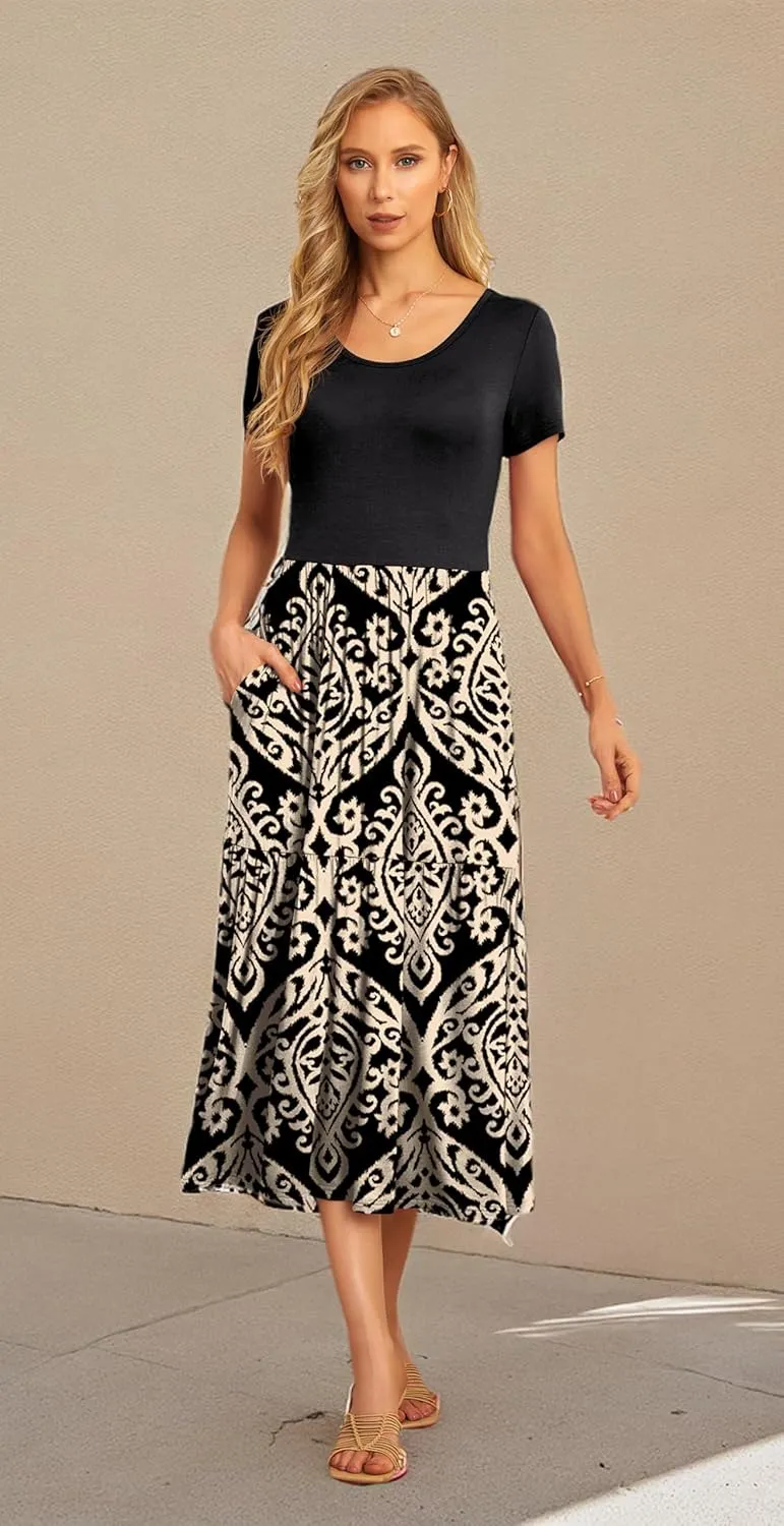 GRECERELLE Women's Summer Casual Crewneck Short Sleeve Aline Tiered Flowy Maxi Dress with Pockets