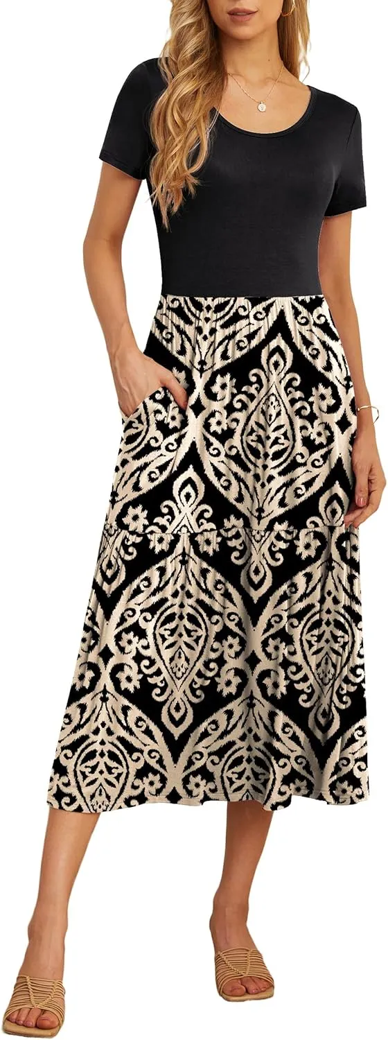 GRECERELLE Women's Summer Casual Crewneck Short Sleeve Aline Tiered Flowy Maxi Dress with Pockets