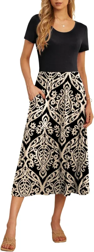 GRECERELLE Women's Summer Casual Crewneck Short Sleeve Aline Tiered Flowy Maxi Dress with Pockets