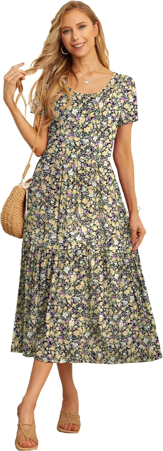 GRECERELLE Women's Summer Casual Crewneck Short Sleeve Aline Tiered Flowy Maxi Dress with Pockets