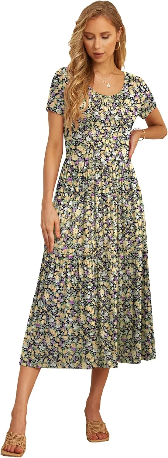 GRECERELLE Women's Summer Casual Crewneck Short Sleeve Aline Tiered Flowy Maxi Dress with Pockets