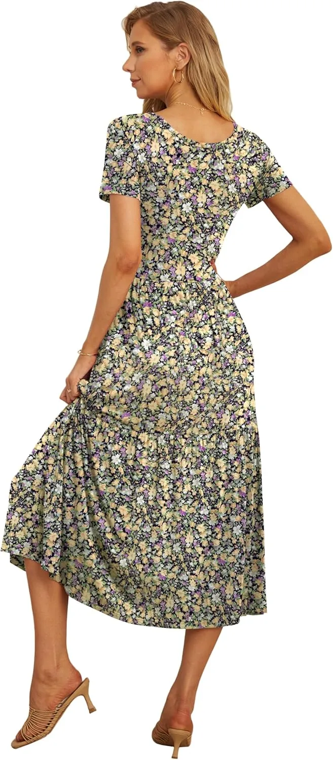 GRECERELLE Women's Summer Casual Crewneck Short Sleeve Aline Tiered Flowy Maxi Dress with Pockets