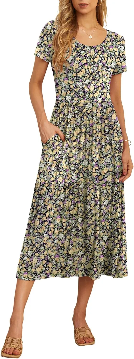GRECERELLE Women's Summer Casual Crewneck Short Sleeve Aline Tiered Flowy Maxi Dress with Pockets