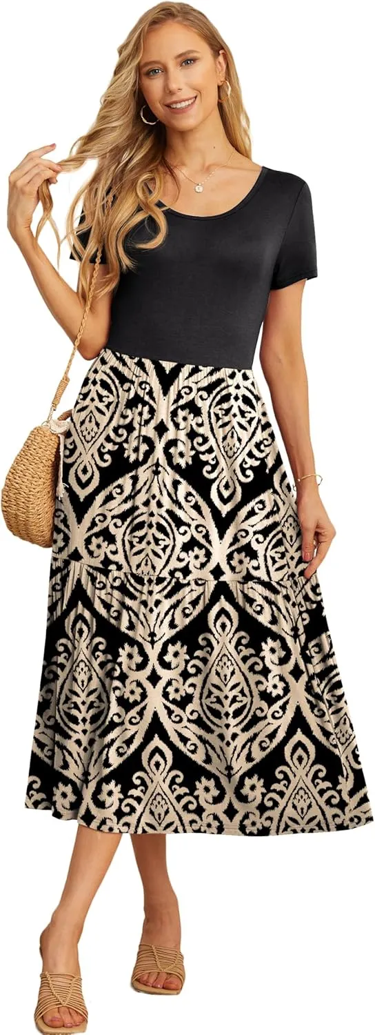 GRECERELLE Women's Summer Casual Crewneck Short Sleeve Aline Tiered Flowy Maxi Dress with Pockets