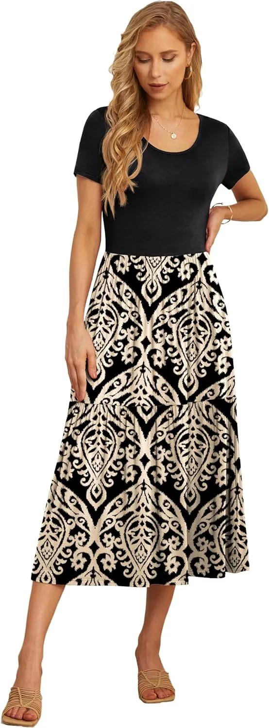 GRECERELLE Women's Summer Casual Crewneck Short Sleeve Aline Tiered Flowy Maxi Dress with Pockets