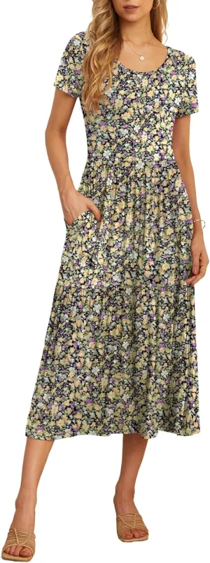 GRECERELLE Women's Summer Casual Crewneck Short Sleeve Aline Tiered Flowy Maxi Dress with Pockets