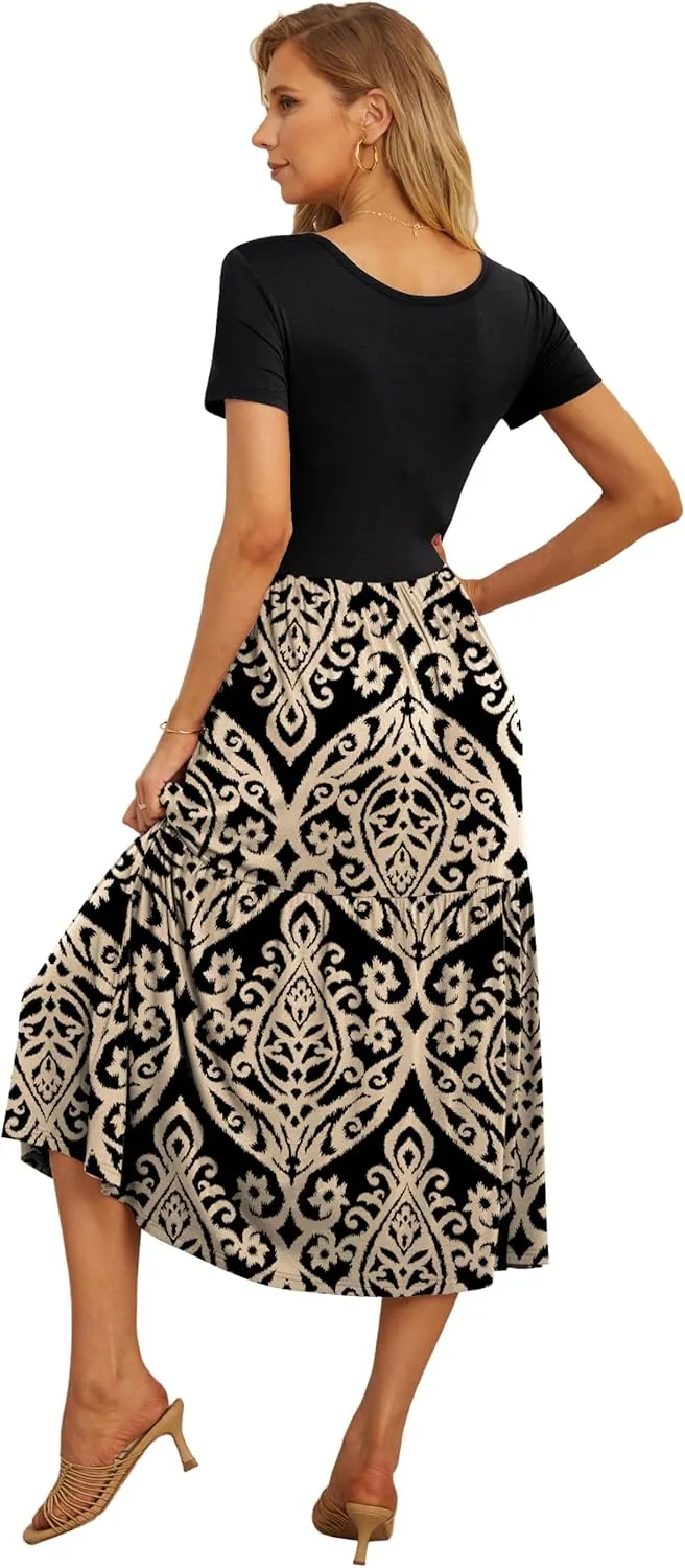 GRECERELLE Women's Summer Casual Crewneck Short Sleeve Aline Tiered Flowy Maxi Dress with Pockets