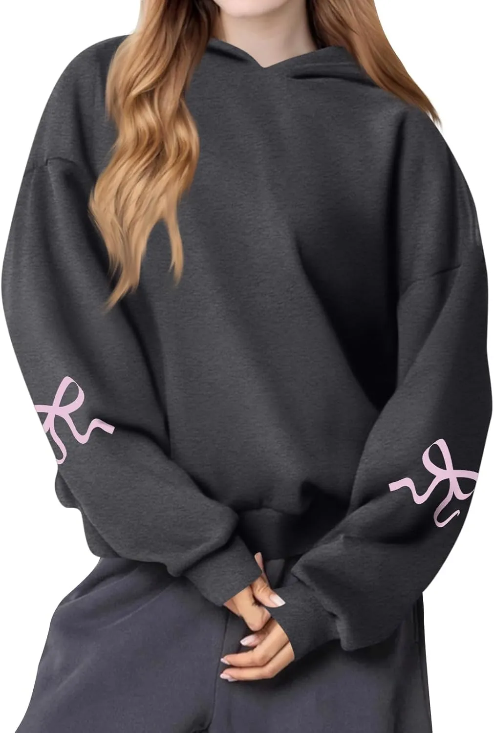 Gumipy Oversized Hoodies for Women Fleece Bow Graphic Hoodies Pullover Trendy Long Sleeve Pullover Tops Loose Fit Hoodie