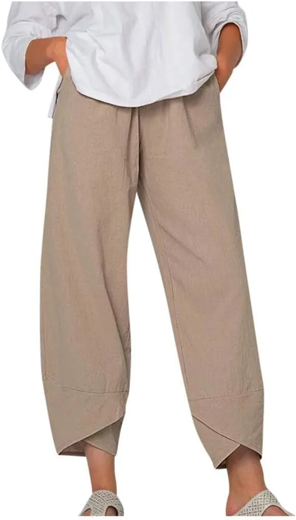 Guteidee Cotton Linen Casual Summer Capri Pants Printed Cropped Comfy Baggy Trousers with Pockets Palazzo Lounge Pants