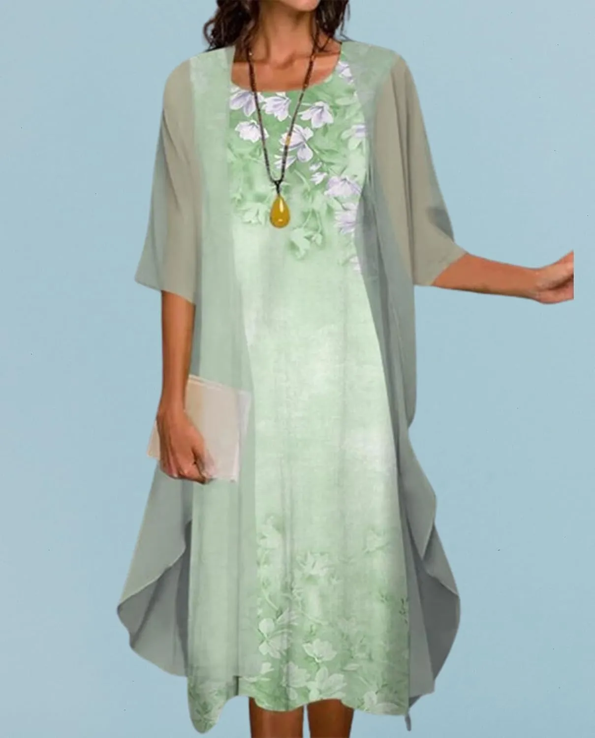 Guteidee Two Piece Set Maxi Dress for Womens Chiffon Cardigan Wedding Guest Floral Print Midi Dresses
