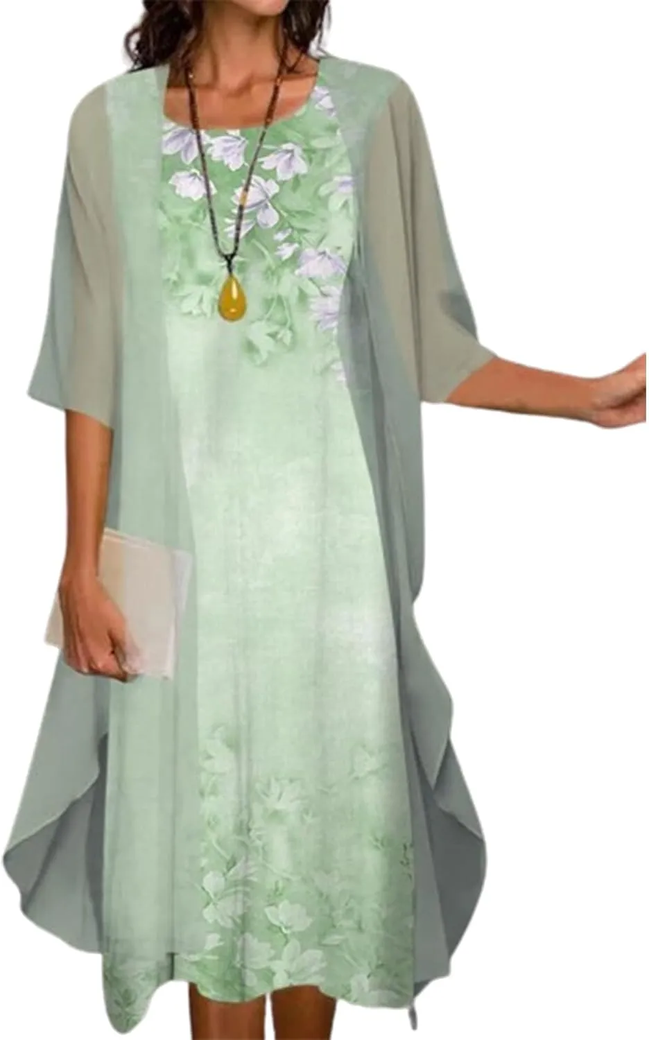 Guteidee Two Piece Set Maxi Dress for Womens Chiffon Cardigan Wedding Guest Floral Print Midi Dresses