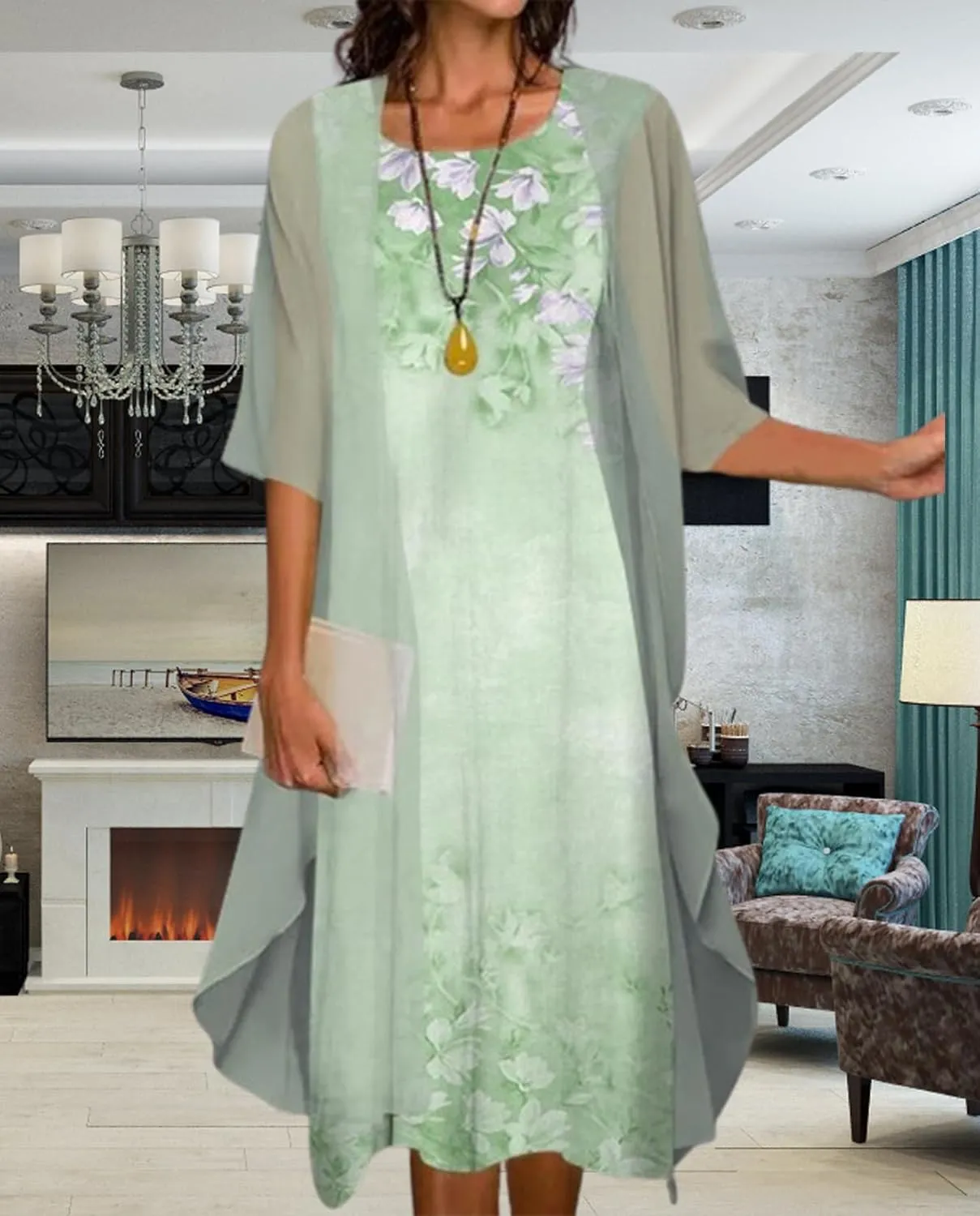 Guteidee Two Piece Set Maxi Dress for Womens Chiffon Cardigan Wedding Guest Floral Print Midi Dresses