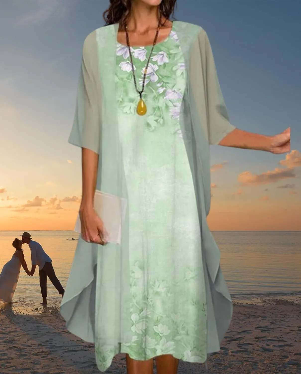 Guteidee Two Piece Set Maxi Dress for Womens Chiffon Cardigan Wedding Guest Floral Print Midi Dresses