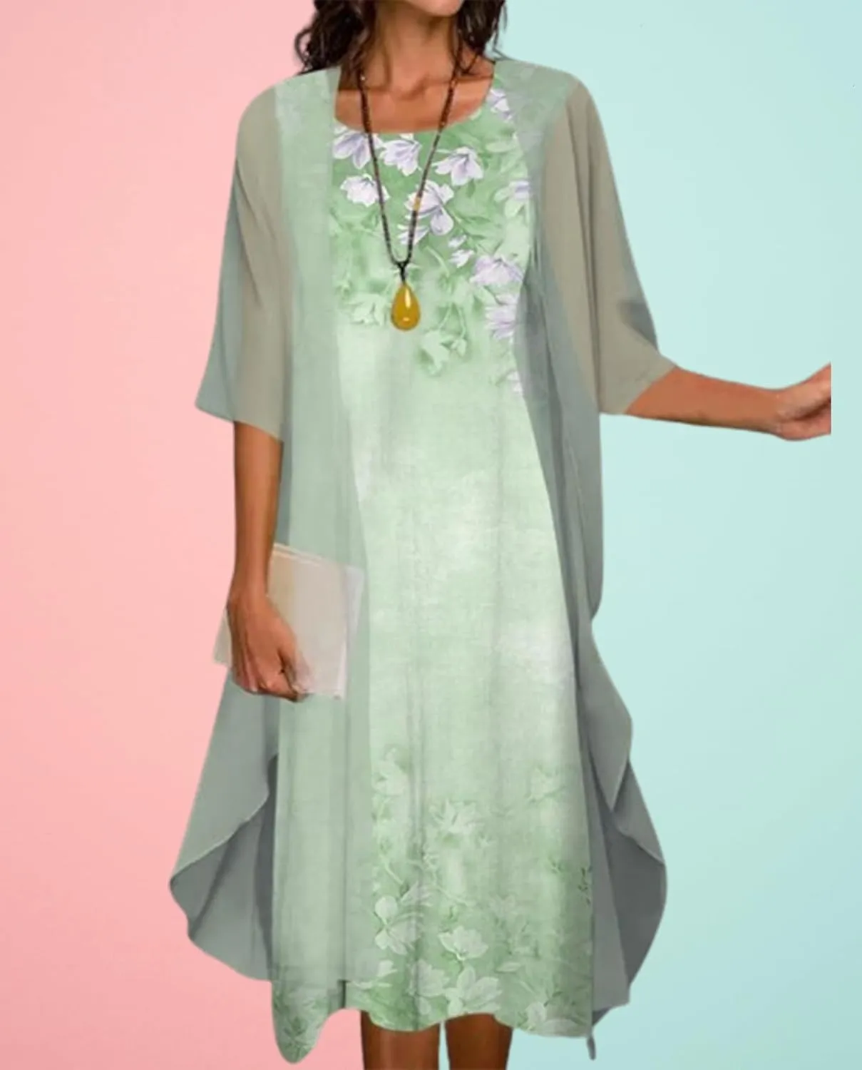 Guteidee Two Piece Set Maxi Dress for Womens Chiffon Cardigan Wedding Guest Floral Print Midi Dresses
