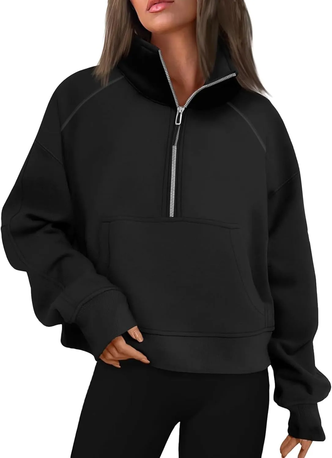 Half Zip Pullover Women Fall Fleece Oversized Sweatshirt Trendy 1/4 Zip Hoodie Y2k Cropped Sweater with Thumb Hole