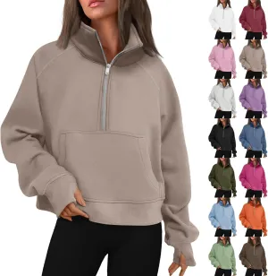 Half Zip Pullover Women Fall Fleece Oversized Sweatshirt Trendy 1/4 Zip Hoodie Y2k Cropped Sweater with Thumb Hole