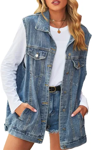 hathne Women's Oversized Denim Vest Sleeveless Jean Jacket Vest with Hood Button Down Long Waistcoat with Pockets Streetwear