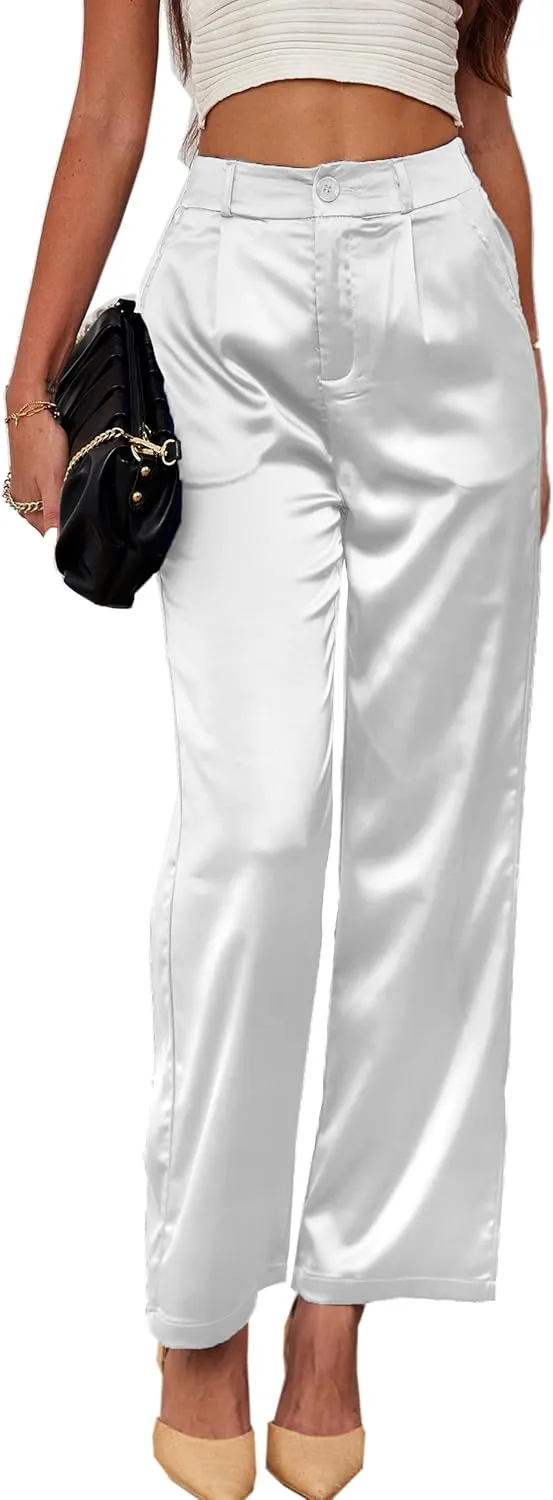 heipeiwa Women's Wide Leg Wedding Party Satin Casual Dress Nightout Pants Long Trouser
