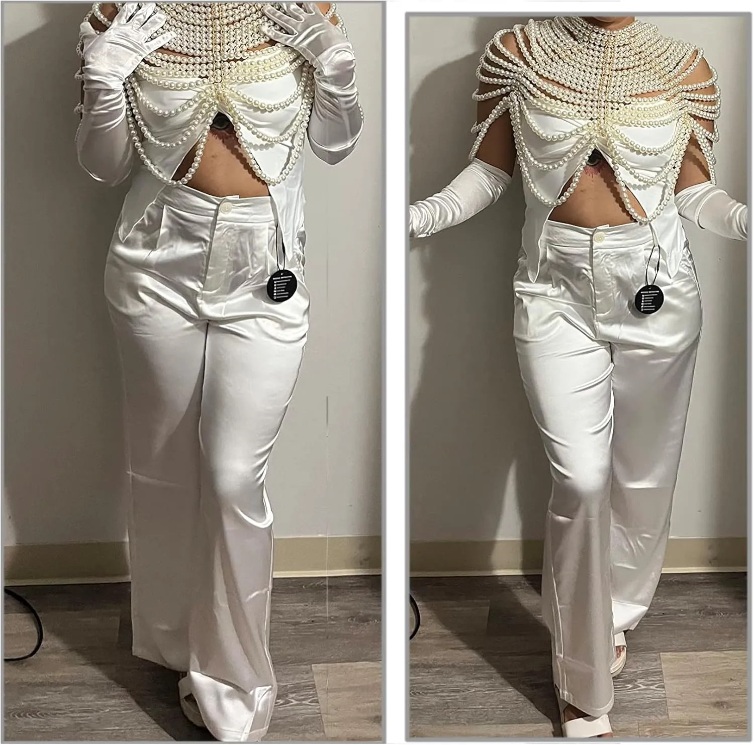 heipeiwa Women's Wide Leg Wedding Party Satin Casual Dress Nightout Pants Long Trouser