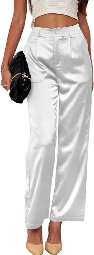 heipeiwa Women's Wide Leg Wedding Party Satin Casual Dress Nightout Pants Long Trouser