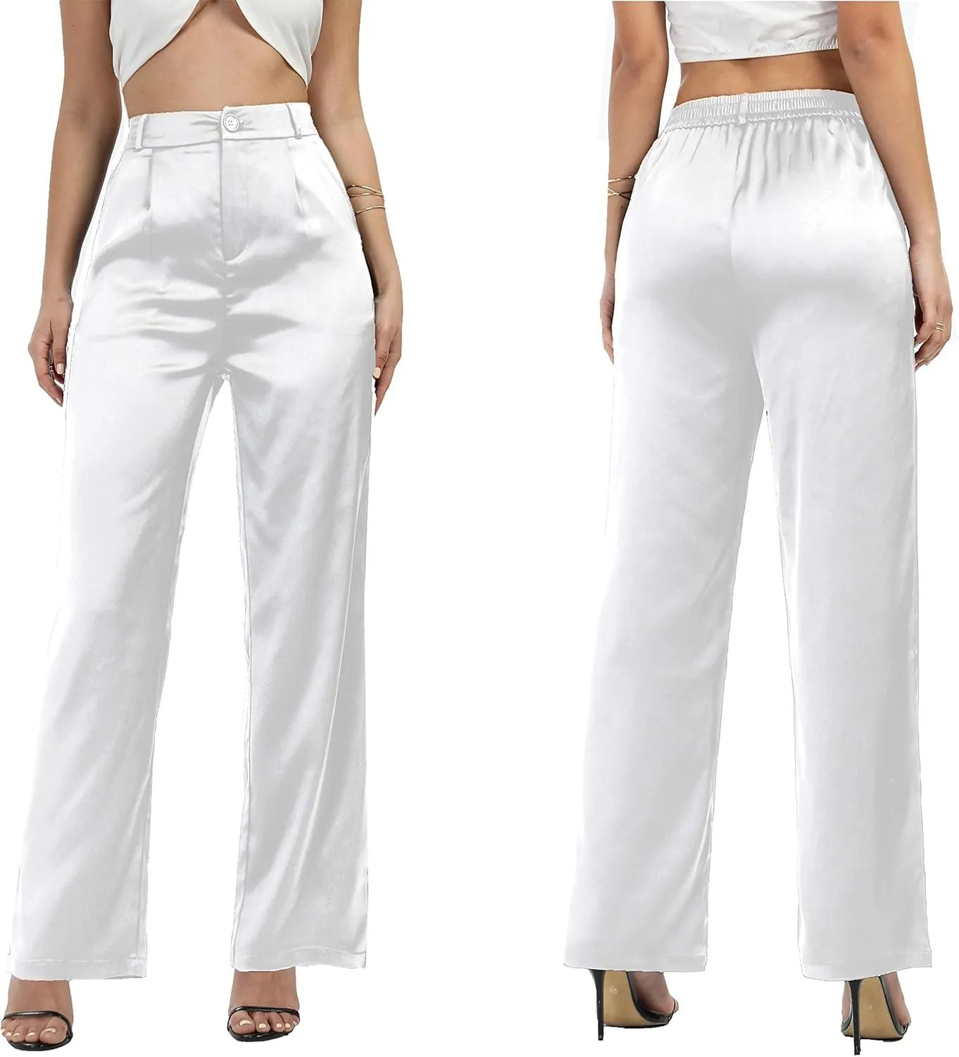 heipeiwa Women's Wide Leg Wedding Party Satin Casual Dress Nightout Pants Long Trouser