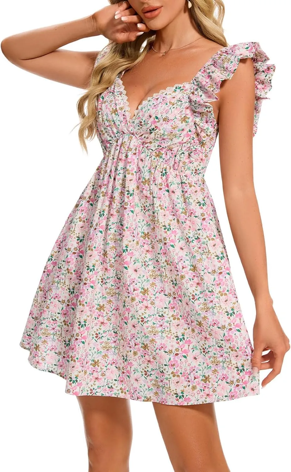 hibshaby Women's Floral Mini Dress V Neck Puff Sleeve Dress Short Babydoll Dress Sun Dress