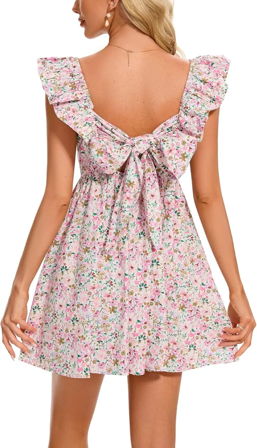hibshaby Women's Floral Mini Dress V Neck Puff Sleeve Dress Short Babydoll Dress Sun Dress