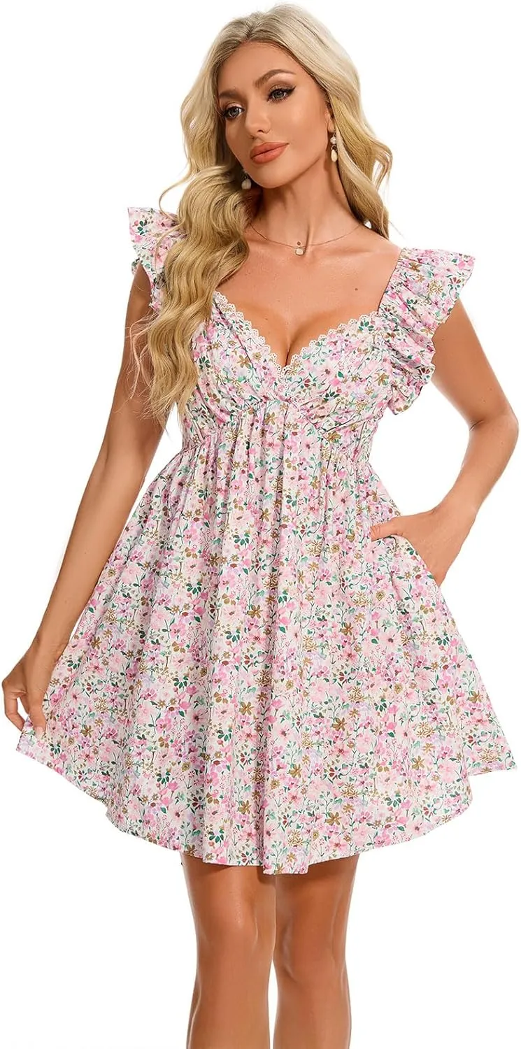 hibshaby Women's Floral Mini Dress V Neck Puff Sleeve Dress Short Babydoll Dress Sun Dress